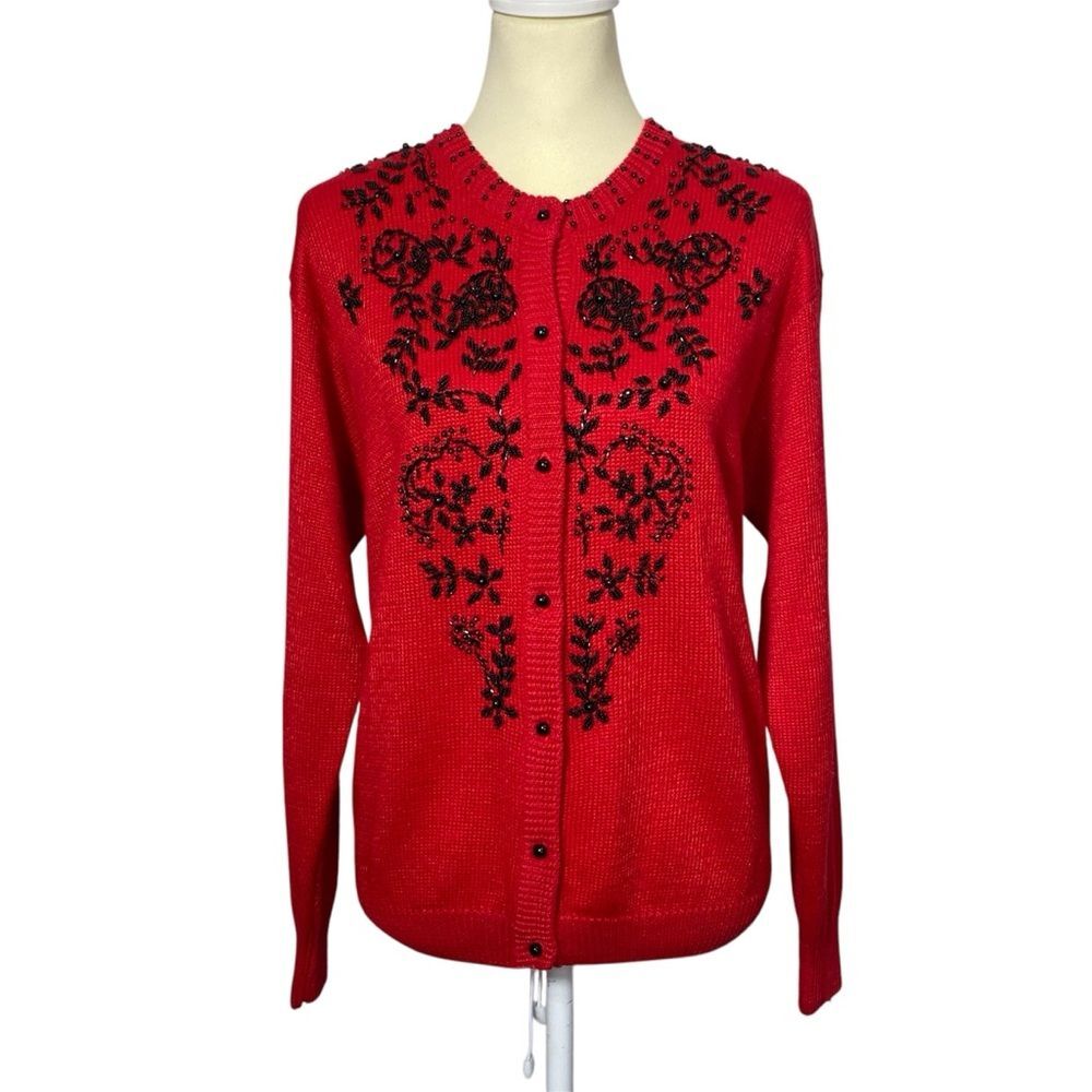 Vintage Dana Scott Red & Black Beaded Button Front Cardigan Women's Size Large